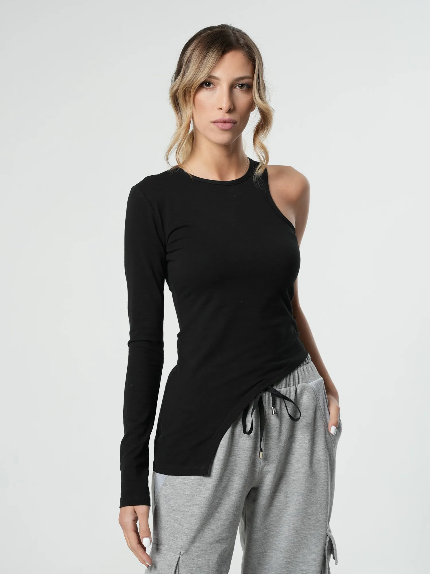 One Sleeve Cotton Top In Black