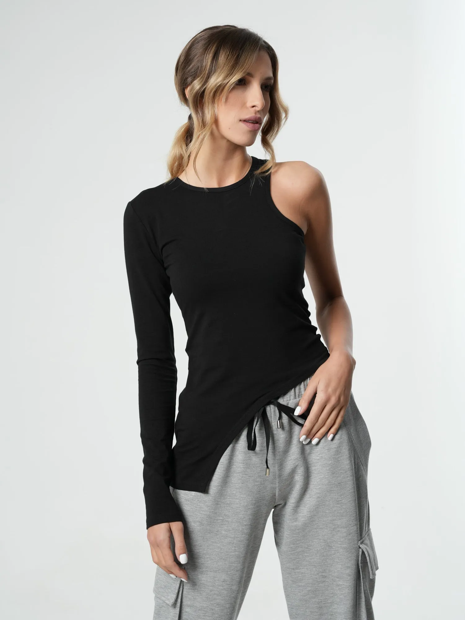 One Sleeve Cotton Top In Black