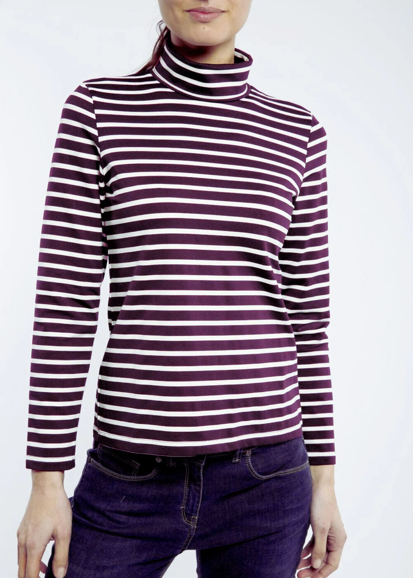 OURAL - Turtleneck Striped Shirt for Women | Stretch Fabric | Women Fit (PLUM / IVORY)