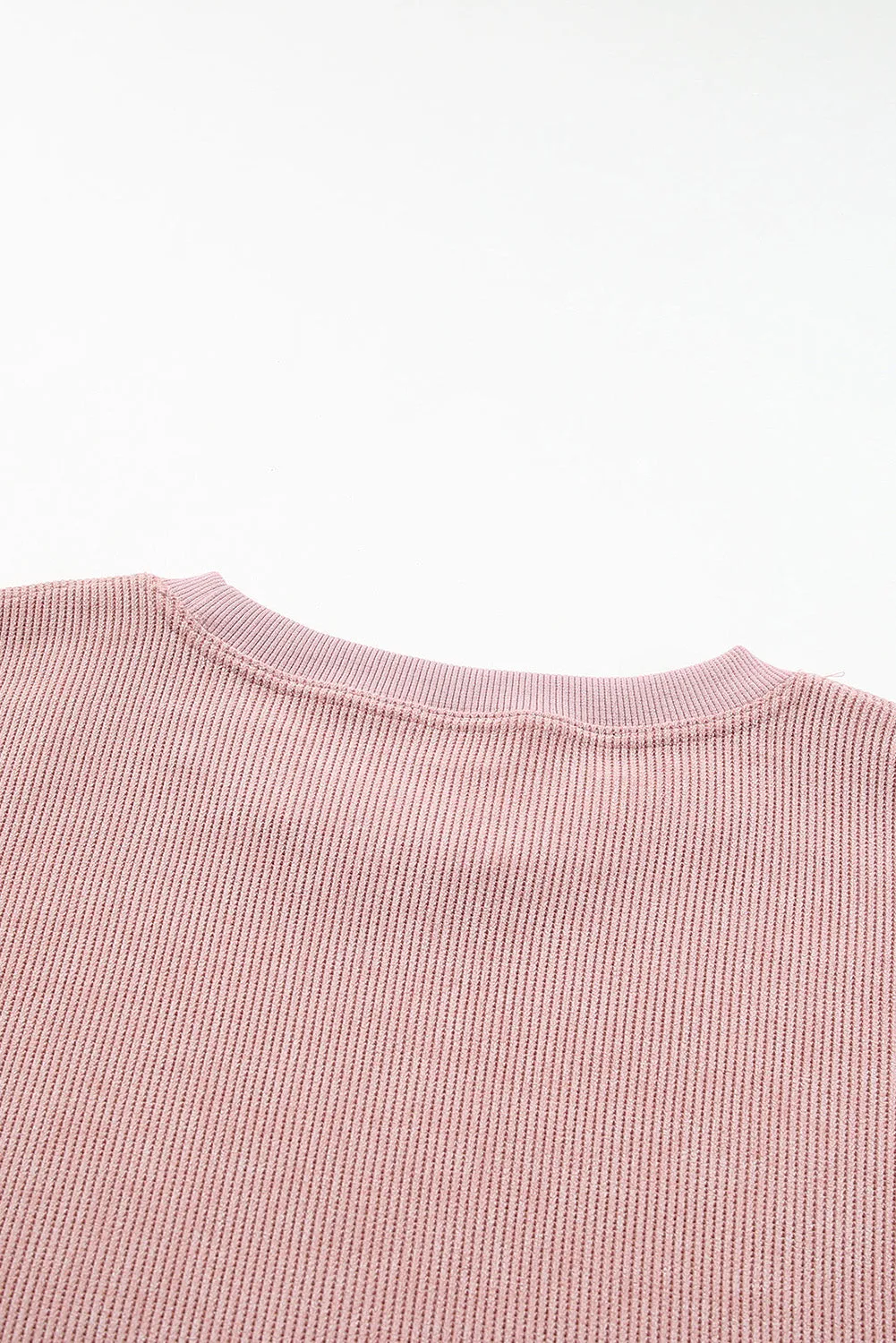 Pink Solid Ribbed Knit Round Neck Pullover Sweatshirt