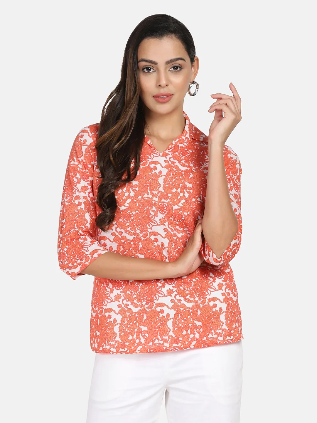 Printed Cotton Top -  Orange &. White