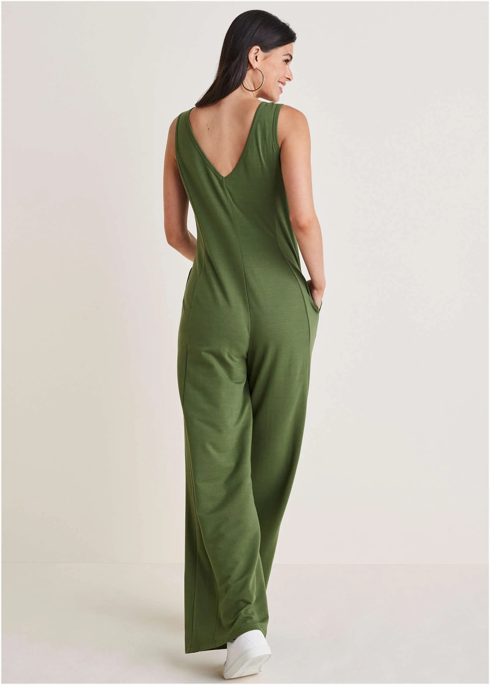 Relaxed V-Neck Jumpsuit - Bronze Green