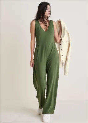 Relaxed V-Neck Jumpsuit - Bronze Green