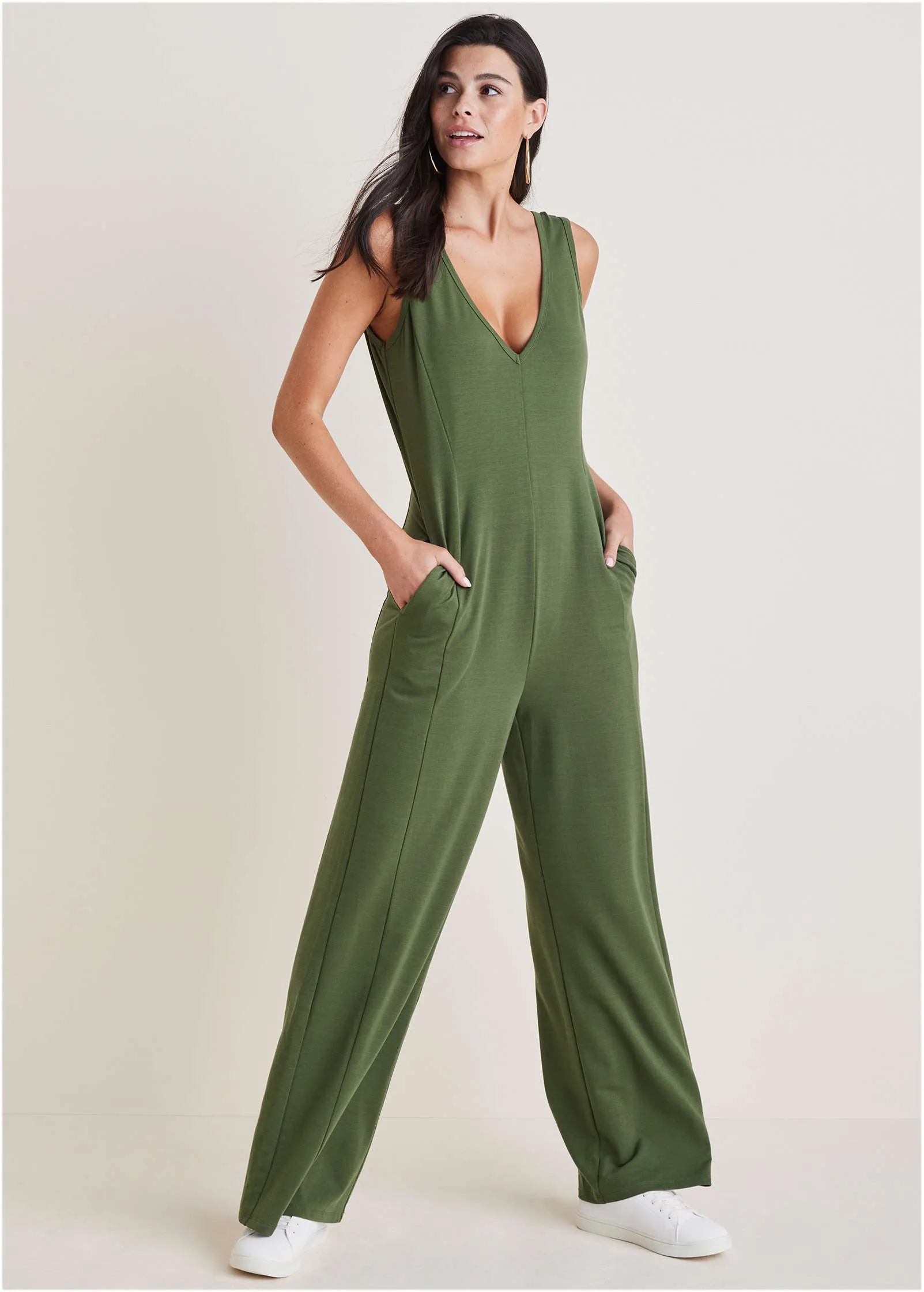 Relaxed V-Neck Jumpsuit - Bronze Green