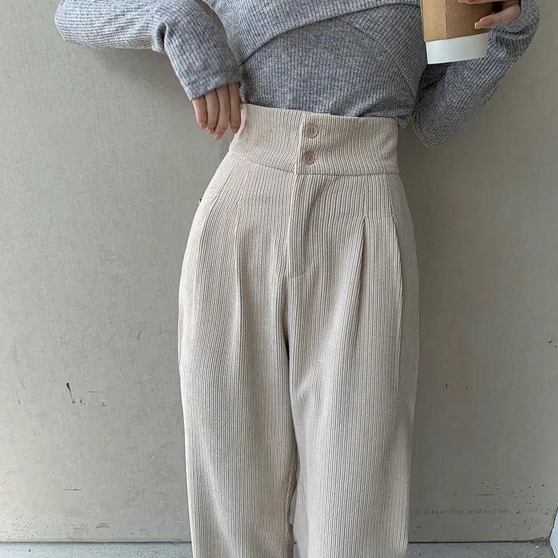 Retro Corduroy High Waist Buttoned Wide Leg Pants