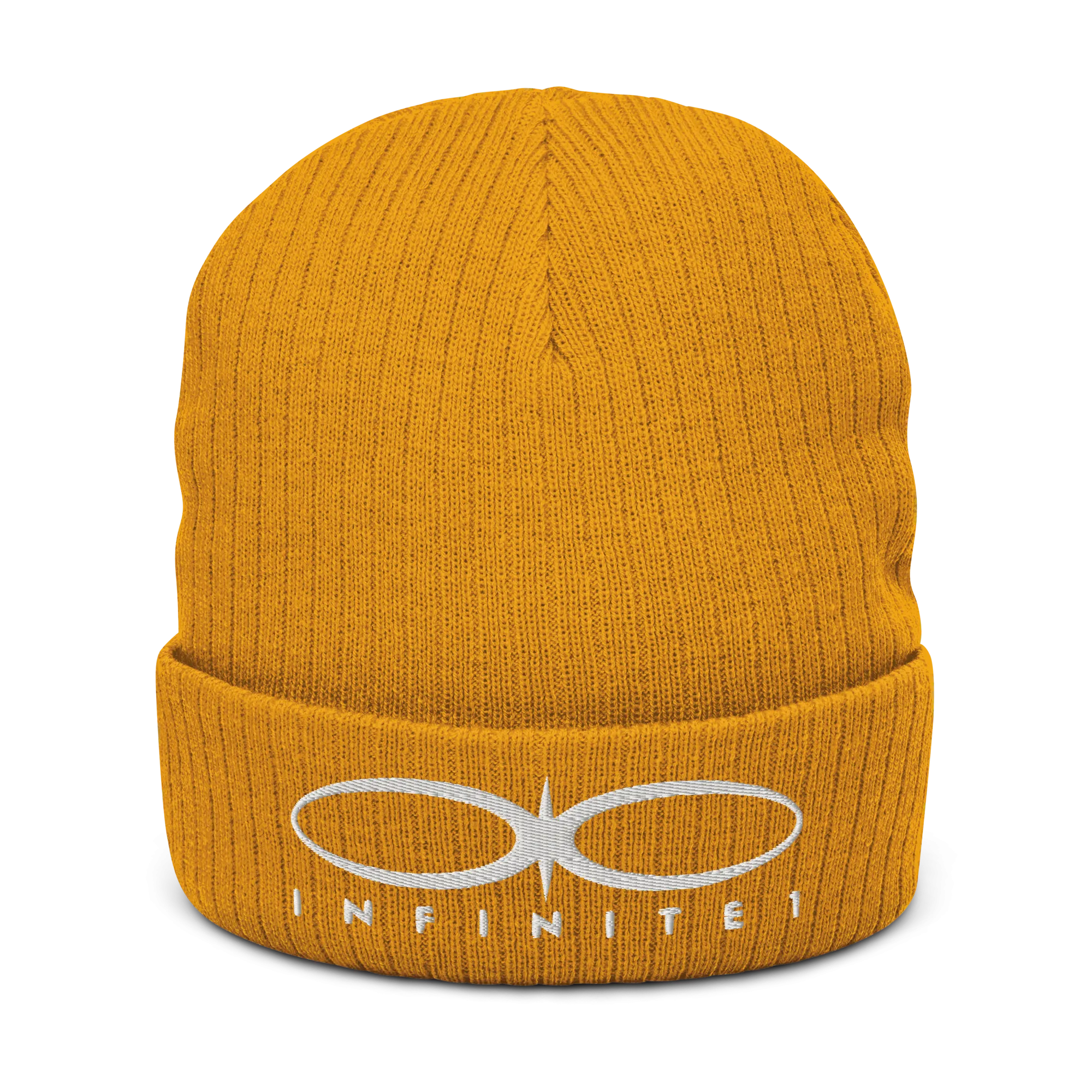 Ribbed Logo Over Text Mustard Yellow Knit Beanie