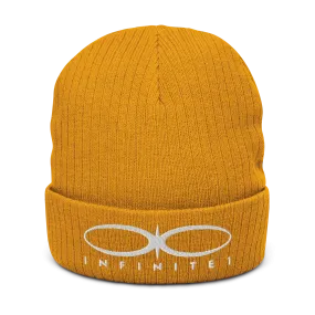 Ribbed Logo Over Text Mustard Yellow Knit Beanie