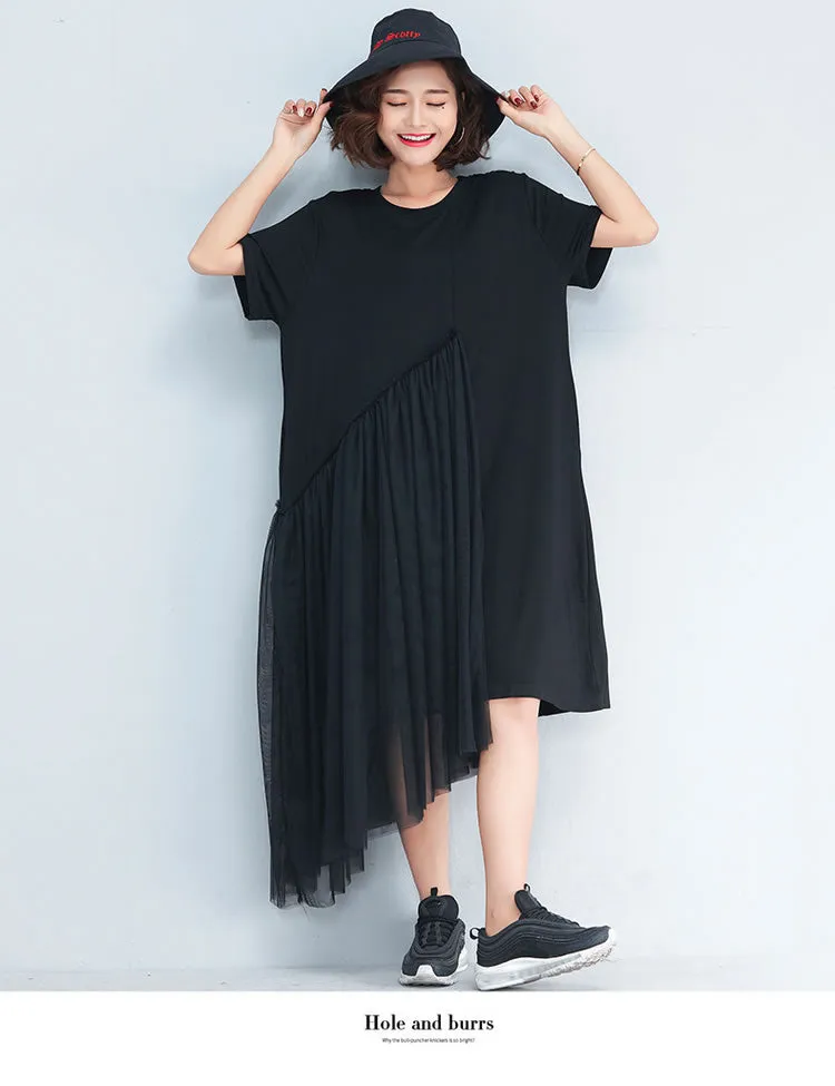 Short Sleeve Korean Style Dress O-neck Patchwork Mesh Irregular Women Dress