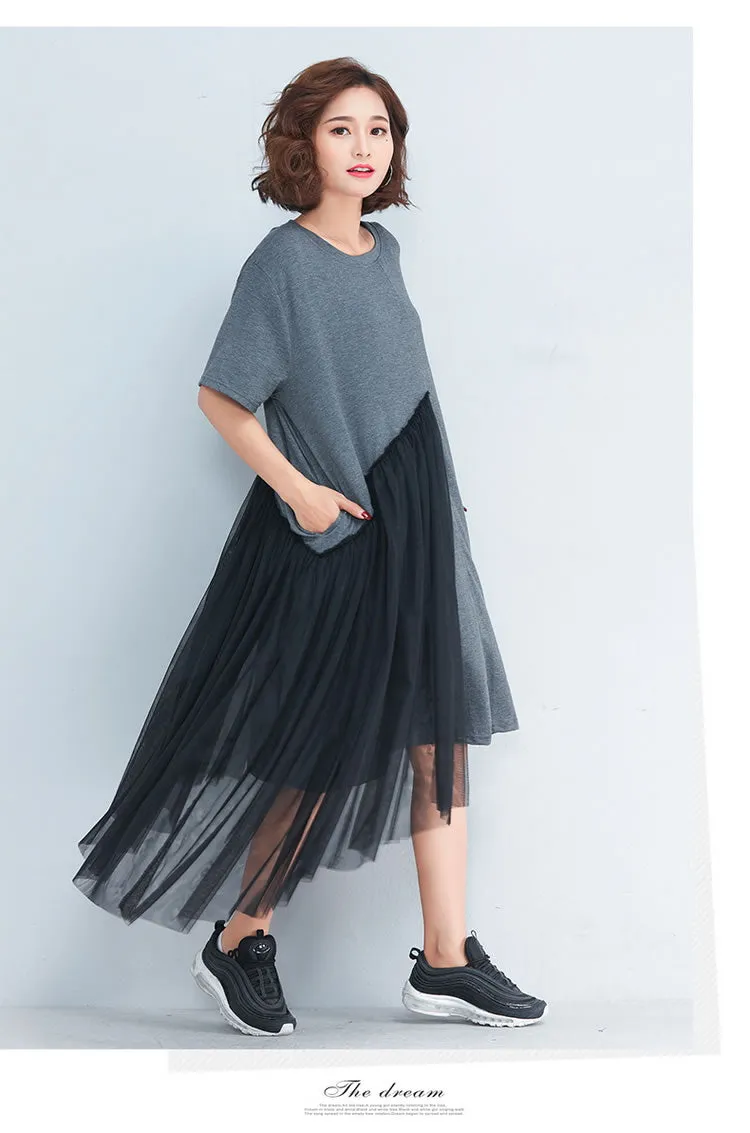 Short Sleeve Korean Style Dress O-neck Patchwork Mesh Irregular Women Dress