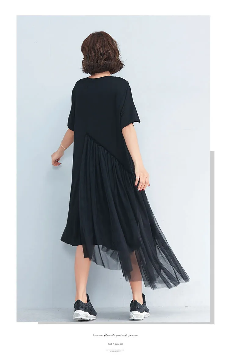 Short Sleeve Korean Style Dress O-neck Patchwork Mesh Irregular Women Dress