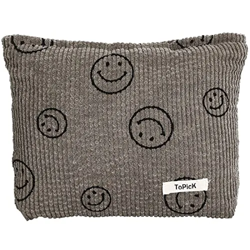 Smiley Face Logo Corduroy Cosmetic Bag with Zipper Closure