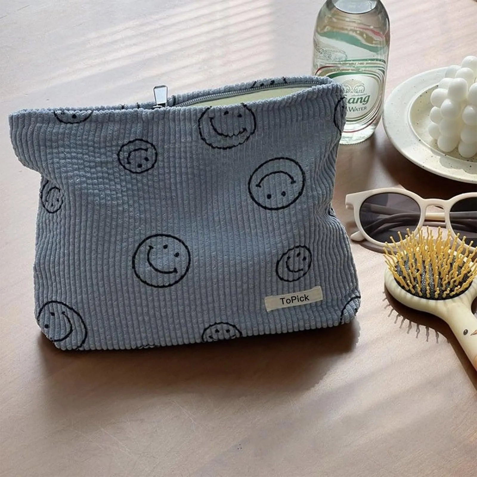 Smiley Face Logo Corduroy Cosmetic Bag with Zipper Closure