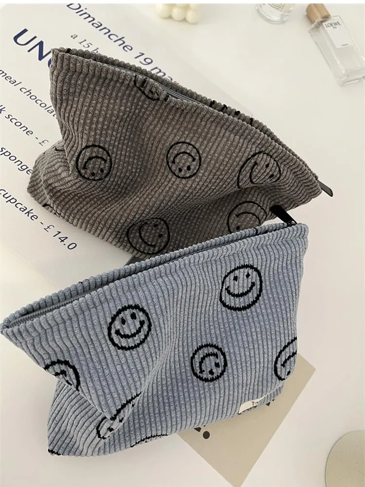 Smiley Face Logo Corduroy Cosmetic Bag with Zipper Closure