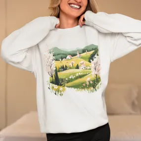 Spring Landscape Crewneck Sweatshirt, Green Hill Cottage Graphic Jumper, Nature Meadow Floral Pullover, Mountain View Pastel Sweater