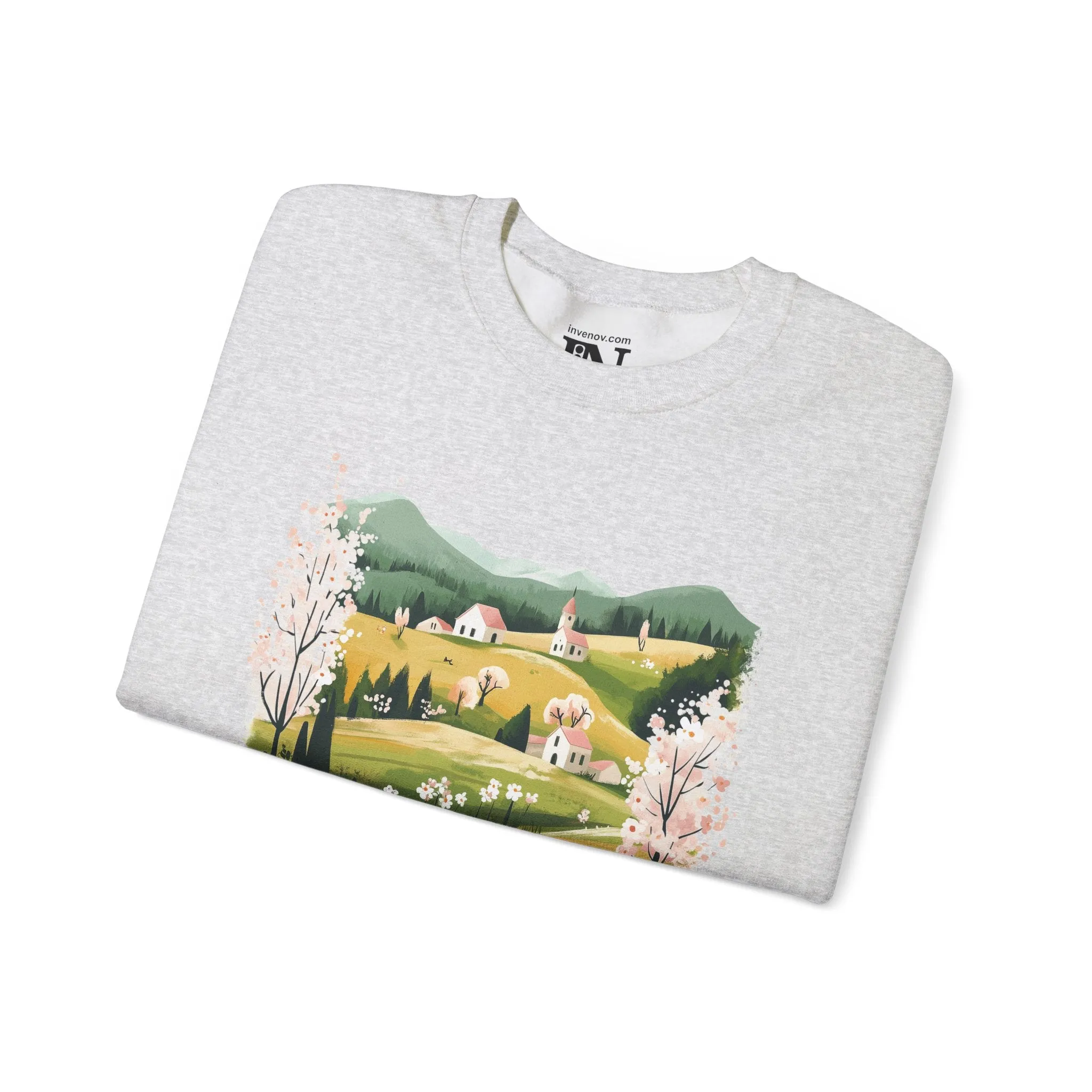 Spring Landscape Crewneck Sweatshirt, Green Hill Cottage Graphic Jumper, Nature Meadow Floral Pullover, Mountain View Pastel Sweater