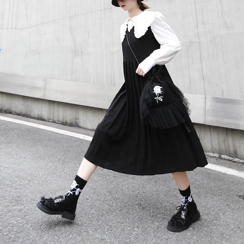 Spring New College Wind Black Pleated Skirt Sleeveless Dress Suit