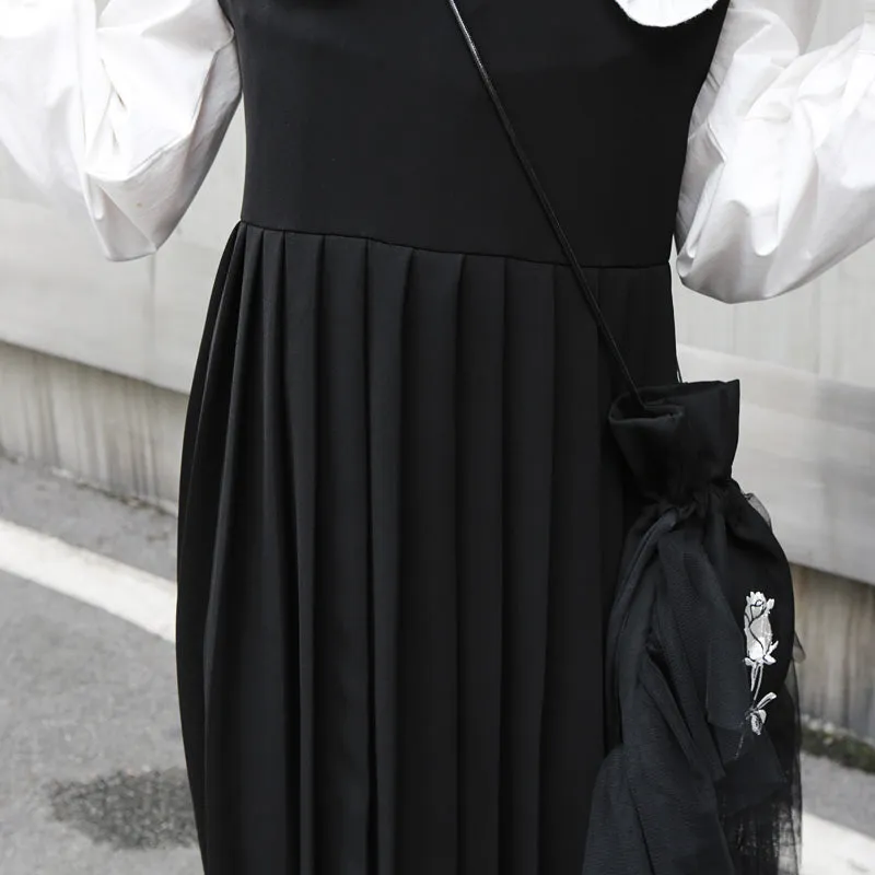 Spring New College Wind Black Pleated Skirt Sleeveless Dress Suit