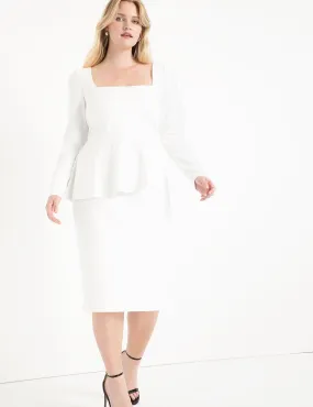 Square Neck Puff Sleeve Dress With Peplum in Soft White