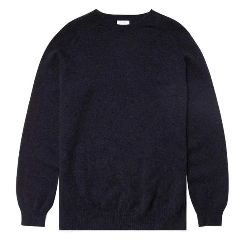 Sunspel Lambswool Crew Neck Knit Dark Navy Mouline