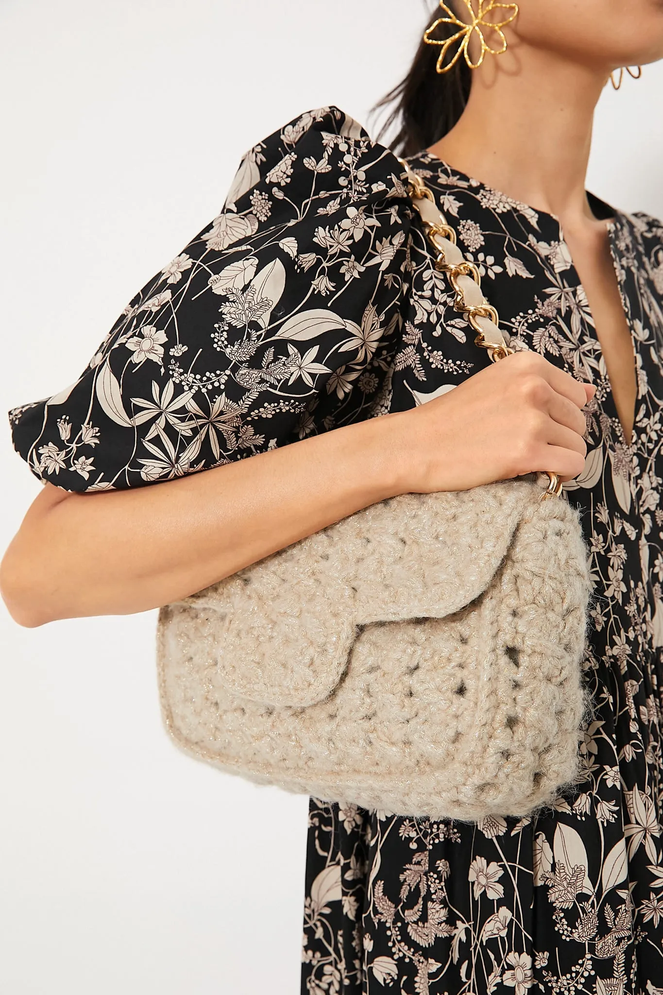 Tan Knit Woven Shoulder Bag