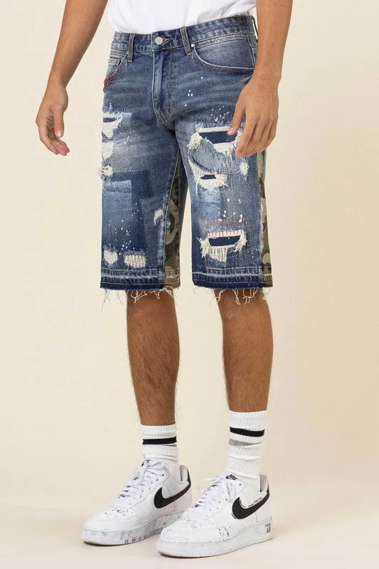 TEEK - Dark Stone Multi Camo Paneled Released Hem Denim Shorts