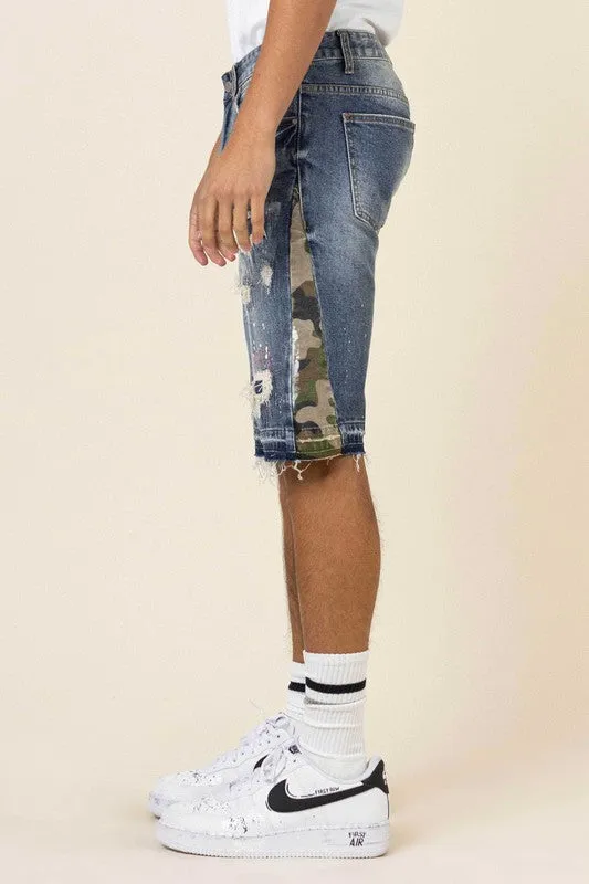 TEEK - Dark Stone Multi Camo Paneled Released Hem Denim Shorts