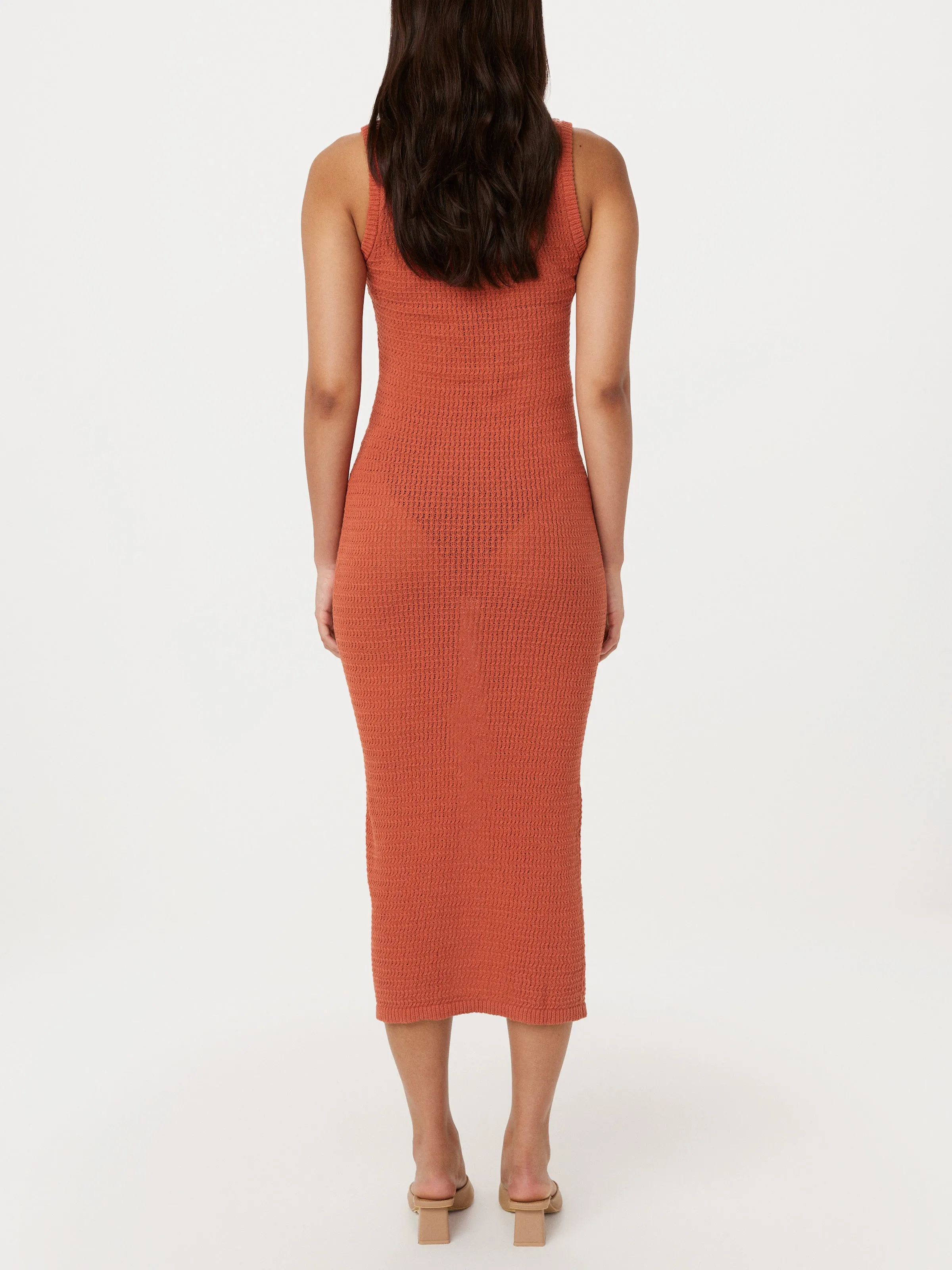 The Long Sleeveless Crochet Dress in Red Clay