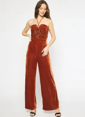 Velvet Halter Jumpsuit in Bronze bvy Entro