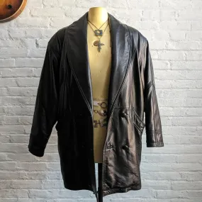 Vintage Black Leather Jacket Oversize Grunge Goth Biker Minimalist Trench Coat