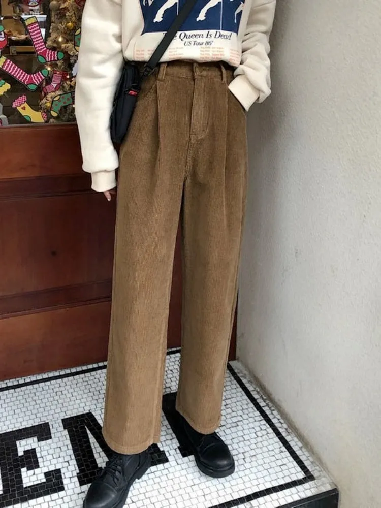 Wenkouban Autumn Baggy Brown Corduroy Pants Women Korean Fashion Oversize High Waist Black Joggers Wide Leg Trousers For Female