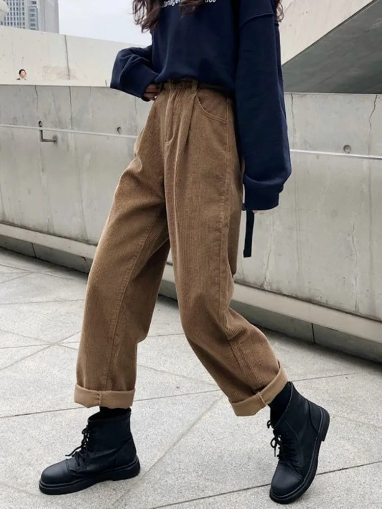 Wenkouban Autumn Baggy Brown Corduroy Pants Women Korean Fashion Oversize High Waist Black Joggers Wide Leg Trousers For Female