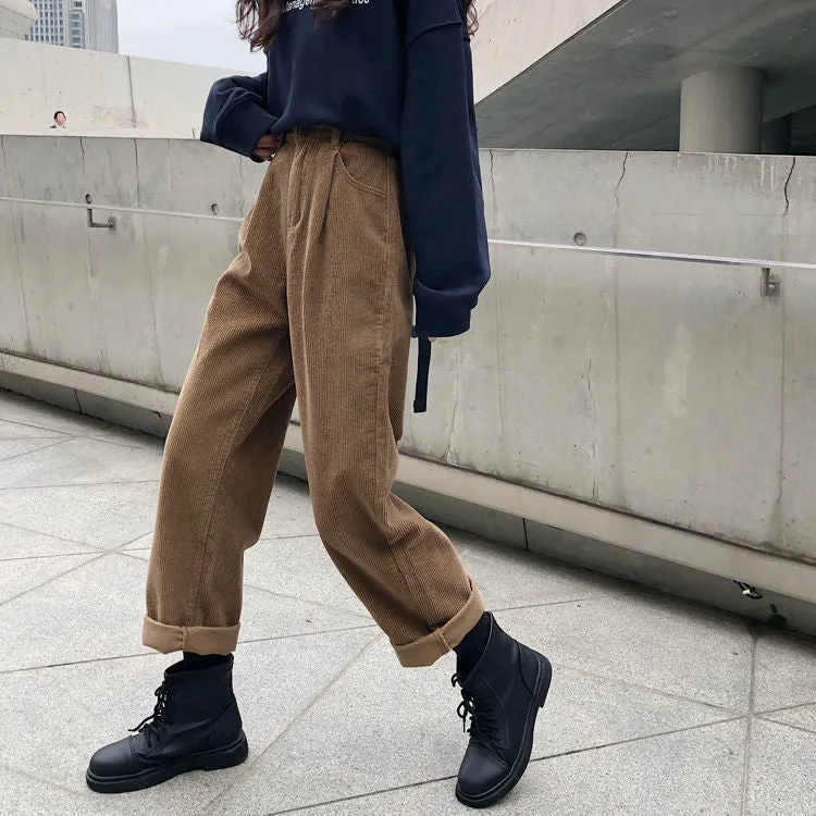 Wenkouban Autumn Baggy Brown Corduroy Pants Women Korean Fashion Oversize High Waist Black Joggers Wide Leg Trousers For Female