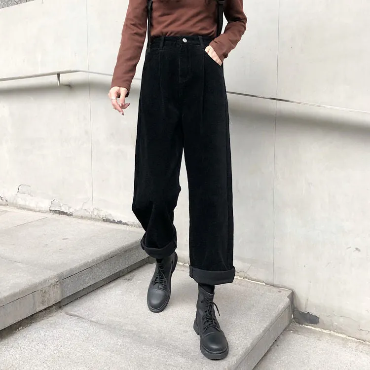 Wenkouban Autumn Baggy Brown Corduroy Pants Women Korean Fashion Oversize High Waist Black Joggers Wide Leg Trousers For Female