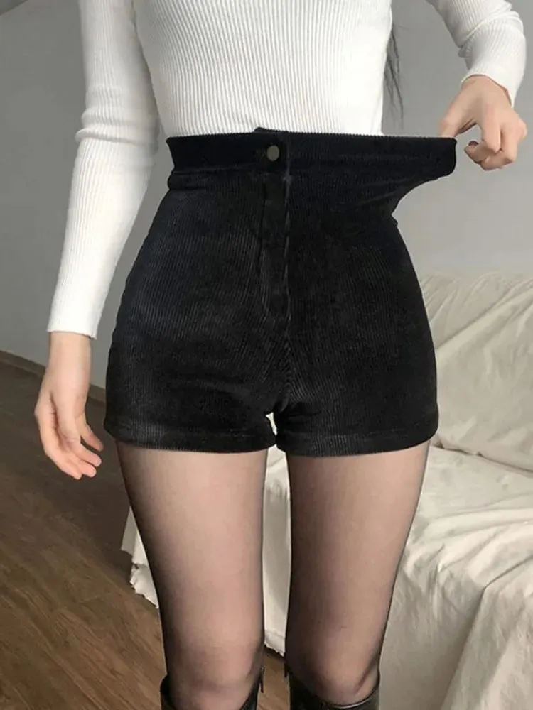 Women's Black Goth Pants Shorts High Waist Spring Autumn Fashion Tight Sexy Stretch Y2K Corduroy Female Casual Pants